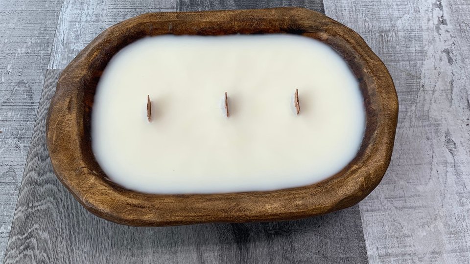 Natural Wood Dough Bowl Hand Poured Wooden Wick Soy Wax Candle