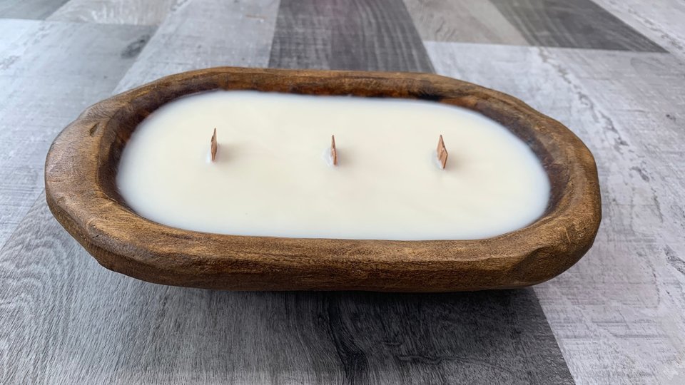 Natural Wood Dough Bowl Hand Poured Wooden Wick Soy Wax Candle