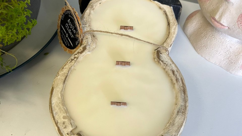 Apple Cider Snowman Dough Bowl Wood Wick Soy Wax Candle