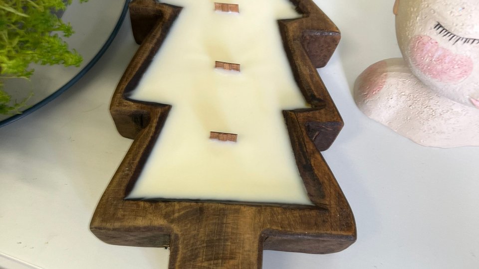 Cinnamon Roll Christmas Tree Dough Bowl Wood Wick Soy Wax Candle