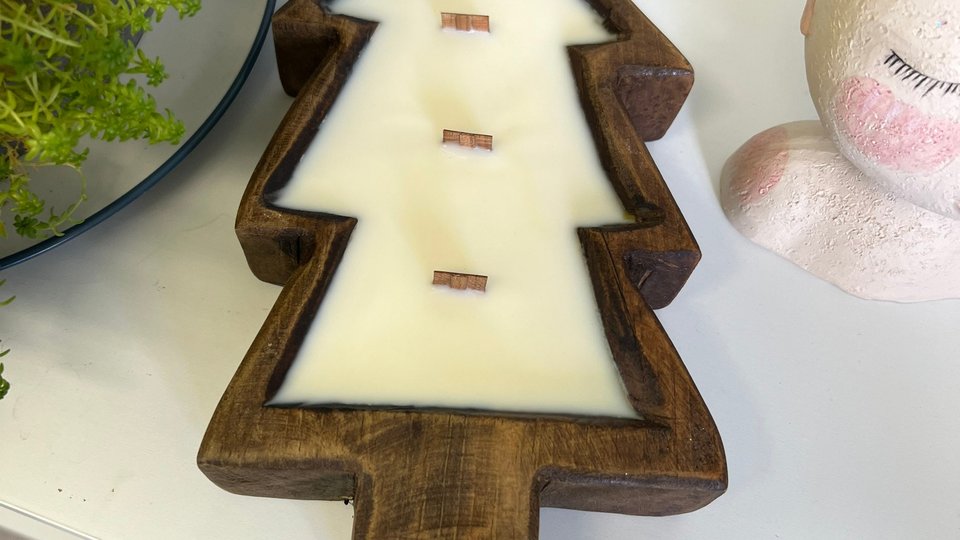 Cinnamon Roll Christmas Tree Dough Bowl Wood Wick Soy Wax Candle